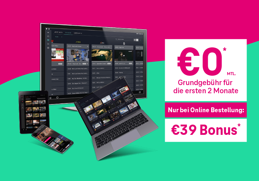 €0 mtl. Grundgebühr für die ersten 2 Monate - Nur Online: €39 Bonus TV Pakete