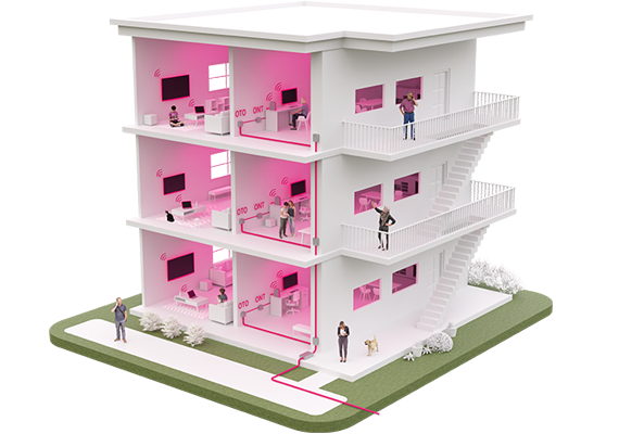 3D-Modell eines vernetzten Mehrfamilienhauses mit Glasfaseranschluss, zeigt Bewohner bei der Nutzung von Internet und digitalen Geräten.