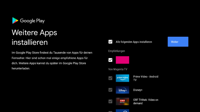 Magenta TV Box - App Auswahl Bildschirm mit App-Vorschlägen aus dem Google Play Store zur Installation auf der Magenta TV Box. Mehrere Apps sind zur Auswahl markiert, ein blauer Weiter-Button ist sichtbar.