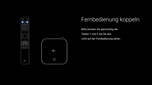 Magenta TV Box - Fernbedienung koppeln Bildschirm mit Anweisung zum manuellen Koppeln der Fernbedienung. Es wird gezeigt, wie gleichzeitig die Tasten 1 und 3 gedrückt werden, bis ein Licht auf der Fernbedienung erscheint.
