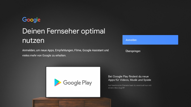 Magenta TV Box - Google Anmeldung Bildschirm zur Anmeldung mit einem Google-Konto auf der Magenta TV Box. Optionen zum Anmelden oder Überspringen werden angezeigt. Google Play Logo ist zur Veranschaulichung eingeblendet.
