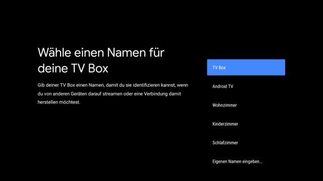 Magenta TV Box - Name Bildschirm zur Auswahl eines Namens für die Magenta TV Box. Vorschläge wie TV Box, Wohnzimmer oder Kinderzimmer sind aufgelistet.