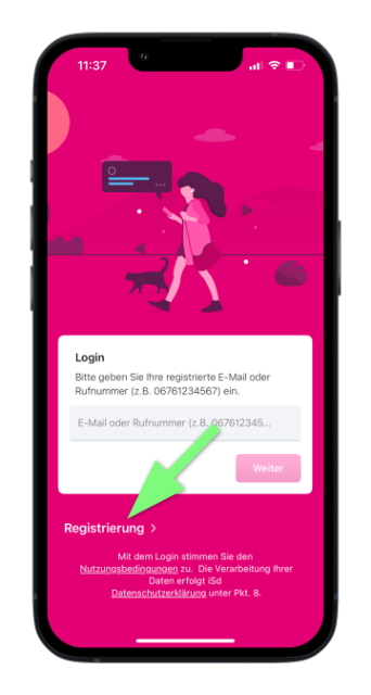 Registrierungsoption in der Mein Magenta App auswählen