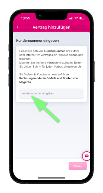 Kundennummer zur Vertragsverknüpfung in App eingeben