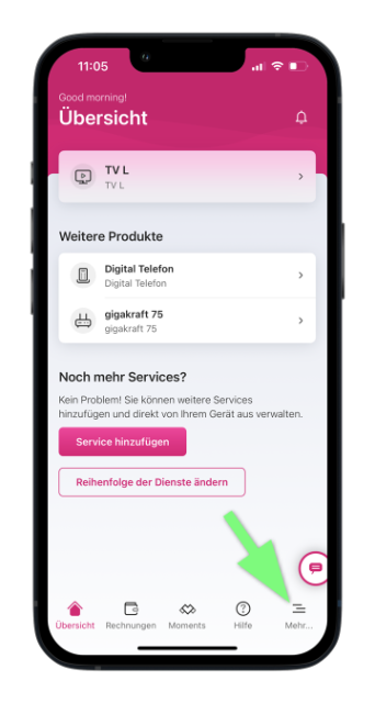  Übersicht Ihrer Services mit Zugang zu weiteren Optionen
