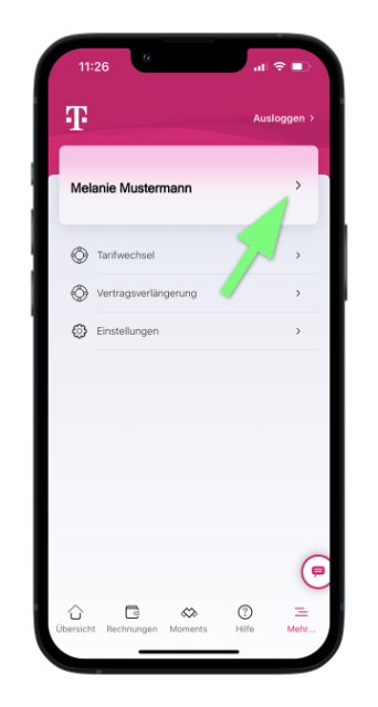 Mein Magenta App Startseite des Kontobereichs mit Fokus auf Nutzerprofil.