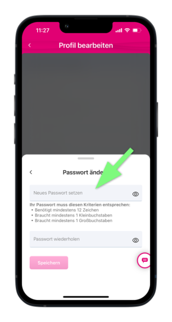 Eingabefeld für neues Passwort mit Sichtbarkeitssymbol in der Magenta App hervorgehoben.