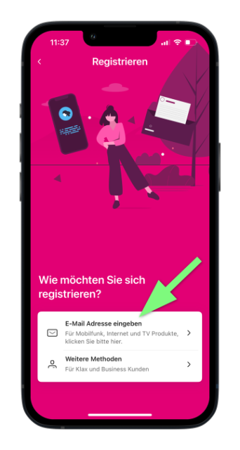  Registrierung mit E-Mail Adresse in der App starten