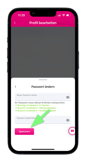 Passwort ändern mit Kriterienanzeige und Speichern-Button in Magenta App hervorgehoben.