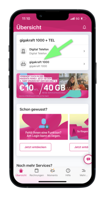 Smartphoneansicht der Mein Magenta App mit markiertem Bereich zur Auswahl des Internetprodukts in der Übersicht, angezeigt ist der Tarif gigakraft 1000 mit Digital Telefon.