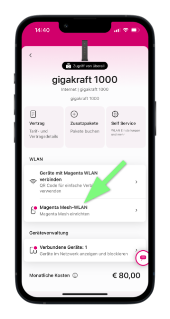 Smartphoneansicht der Mein Magenta App im Tarif gigakraft 1000 mit markierter Option Magenta Mesh-WLAN einrichten im WLAN-Bereich der Produktübersicht.