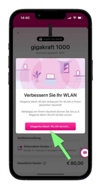 Popup in der Mein Magenta App zur Einrichtung von Magenta Mesh-WLAN mit Button zur Aktivierung und grünem Pfeil zur Hervorhebung.