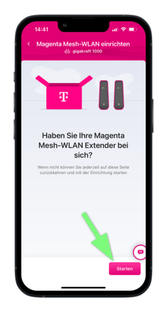 Mein Magenta App zeigt Abfrage zu vorhandenen Mesh-WLAN-Extendern mit hervorgehobener Starten-Schaltfläche zur Einrichtung.