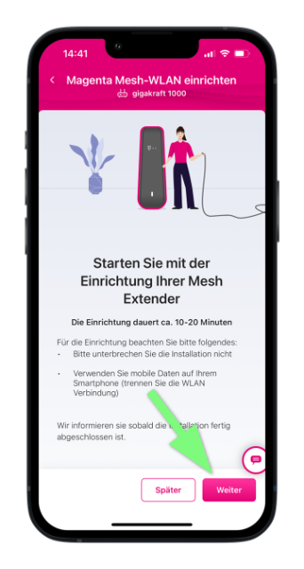 Mein Magenta App zeigt Anleitung zur Einrichtung von Mesh Extendern mit grün markierter Weiter-Schaltfläche und Hinweis zur Nutzung mobiler Date