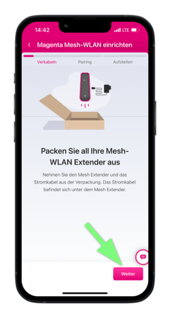 Mein Magenta App zeigt Schritt zur Vorbereitung der Mesh-WLAN-Extender mit Anweisung zum Auspacken und grün markierter Weiter-Schaltfläche.