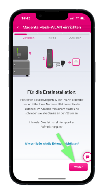 Mein Magenta App zeigt Anleitung zur Erstinstallation von Mesh-WLAN-Extendern mit Platzierungs- und Stromanschlusshinweis sowie markierter Weiter-Schaltfläche.