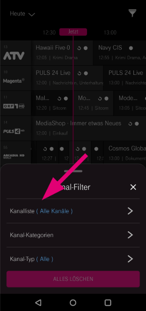 TV App - Programm Filterauswahl