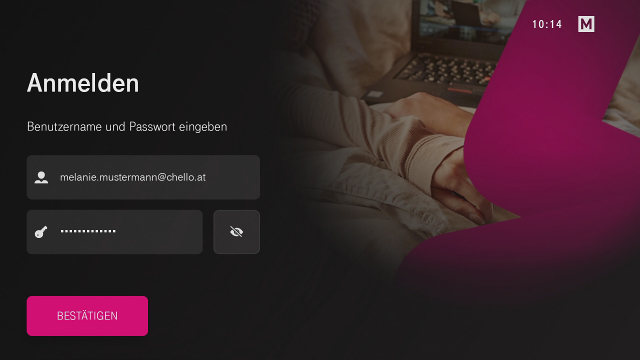 TV Box - Anmeldedaten bestätigen Anmeldemaske der Magenta TV Box mit ausgefülltem Benutzername- und Passwortfeld. Der pinkfarbene Button Bestätigen ist hervorgehoben zur finalen Anmeldung.