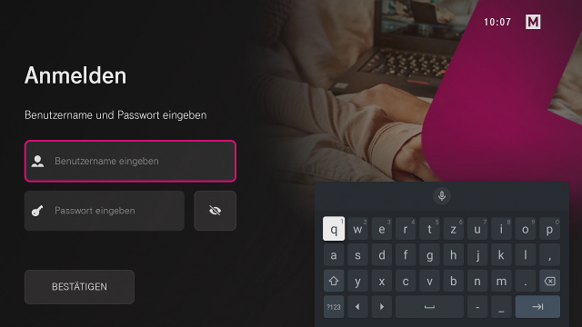 TV Box - Benutzername Bildschirm zur manuellen Anmeldung auf der Magenta TV Box mit Eingabefeldern für Benutzername und Passwort sowie eingeblendeter Bildschirmtastatur.