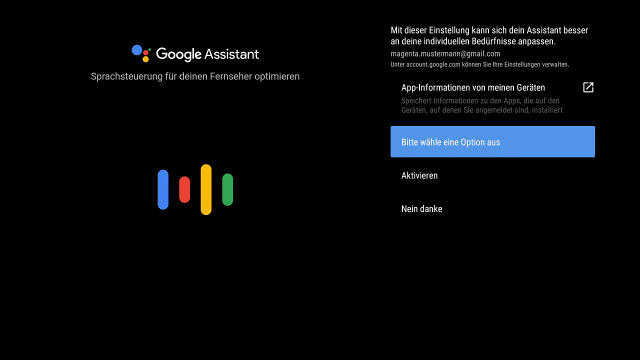 TV Box - Google Assistant Bildschirm zur Aktivierung von Google Assistant auf der Magenta TV Box. Optionen zur Auswahl sind Aktivieren und Nein danke. Google Assistant Logo ist links eingeblendet.