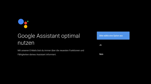 TV Box - Google Assistant Updates Bildschirm zur Zustimmung für E-Mail-Updates zu Google Assistant. Auswahloptionen Ja und Nein sind sichtbar.