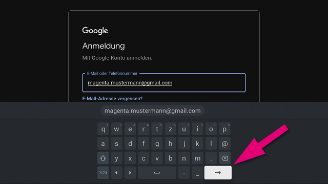 TV Box - Google Benutzername bestätigen Google-Anmeldung mit eingegebener E-Mail-Adresse und Pfeil auf die Bestätigungstaste der Bildschirmtastatur.