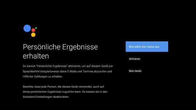 TV Box - Google persönliche Ergebnisse Bildschirm zur Aktivierung persönlicher Ergebnisse mit Google Assistant. Optionen Aktivieren und Nein danke stehen zur Auswahl.