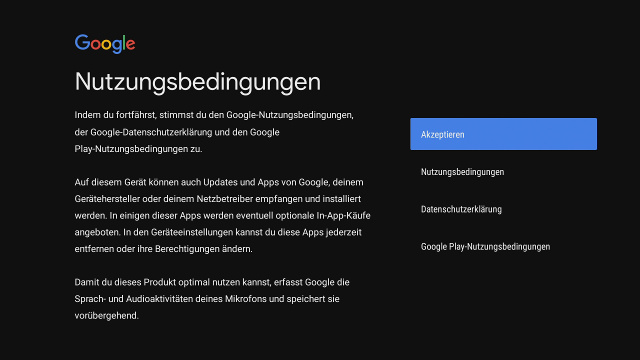 TV Box - Google Nutzungsbedingungen Bildschirm mit Google-Nutzungsbedingungen auf der Magenta TV Box. Ein blauer Button mit der Aufschrift Akzeptieren ist hervorgehoben. Links werden weitere rechtliche Hinweise wie Datenschutz und Play-Nutzungsbedingungen angezeigt.