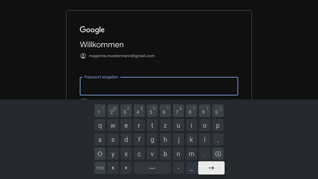 TV Box - Google Passwort Google-Anmeldemaske zur Passworteingabe mit eingeblendeter Bildschirmtastatur auf der Magenta TV Box.