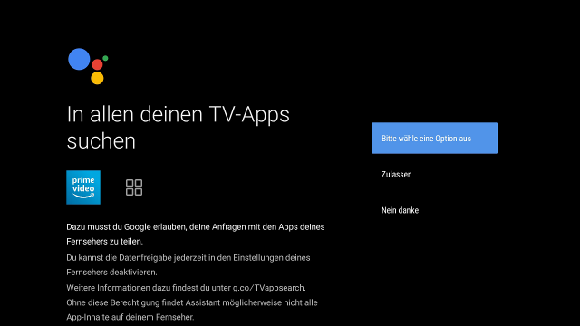 TV Box - Google Suche in Apps Bildschirm zur Berechtigung für Google Assistant in TV-Apps zu suchen. Optionen Zulassen und Nein danke stehen zur Auswahl. App-Logos wie Prime Video sind dargestellt.