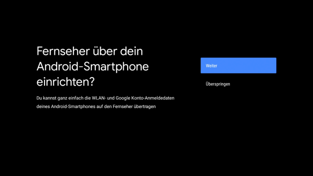 TV Box - Android TV Einrichtung Bildschirm zur Einrichtung von Android TV über ein Android-Smartphone. Die Optionen Weiter und Überspringen sind sichtbar, um die Einrichtung fortzusetzen oder manuell durchzuführen.