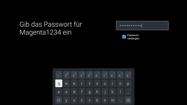 TV Box - WLAN Passwort Bildschirm zur Eingabe des WLAN Passworts auf der Magenta TV Box. Das Netzwerk Magenta1234 ist ausgewählt und ein Passwort wird über eine Bildschirmtastatur eingegeben.