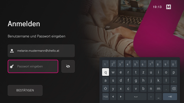 TV Box - Passwort Manuelle Anmeldung auf der Magenta TV Box mit aktiviertem Passwortfeld. Eine Bildschirmtastatur ist zur Passworteingabe eingeblendet.