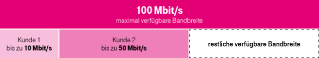 Erklärung der Bandbreitenoptimierung Grafik zur Bandbreitenverteilung: 100 Mbit/s Gesamt, Kunde 1 nutzt 10 Mbit/s, Kunde 2 50 Mbit/s, Rest für weitere Nutzer verfügbar.