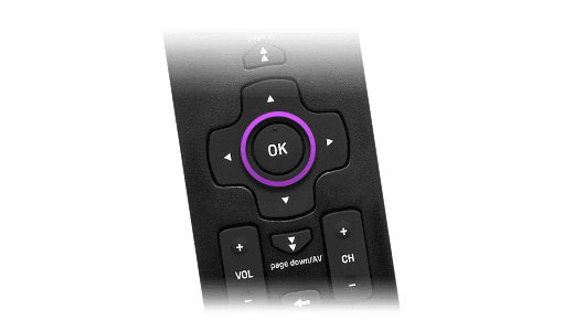 Schwarze Fernbedienung mit lila umrandeter OK-Taste und Navigationstasten