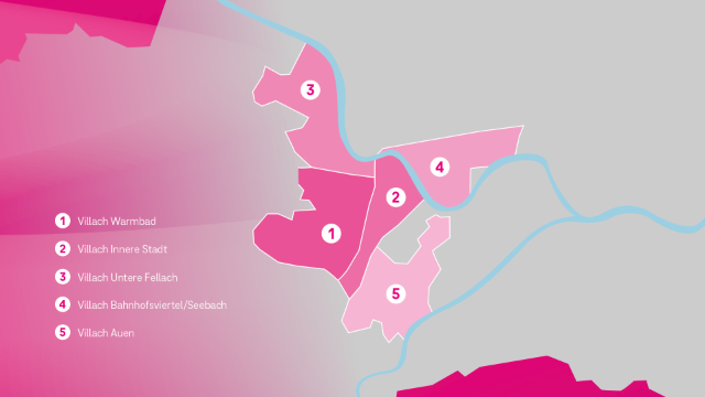 Karte über die Ausbaugebiete in Villach mit Legende