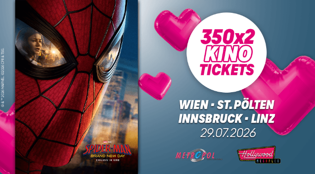 Werbegrafik für ein Magenta Moments Gewinnspiel mit 350 x 2 Kinotickets für einen Spider-Man-Film.