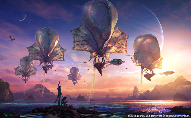 Mehrere majestätische Flugwesen mit ballonartigen Flügeln schweben über einer farbenprächtigen Landschaft von Pandora bei Sonnenuntergang, mit Bergen und Wasser im Hintergrund.