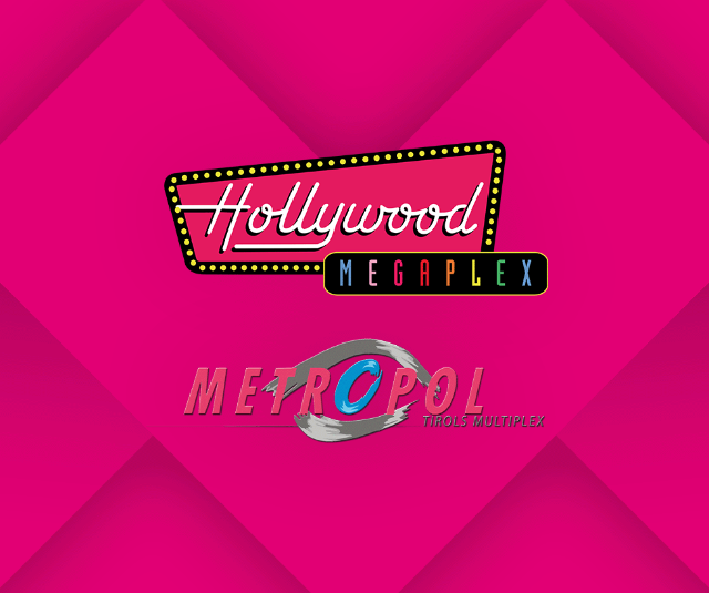 Logos der Kinos Hollywood Megaplex Logos der Kinos Hollywood Megaplex und Metropol Tirols Multiplex auf pinkem Hintergrund.
