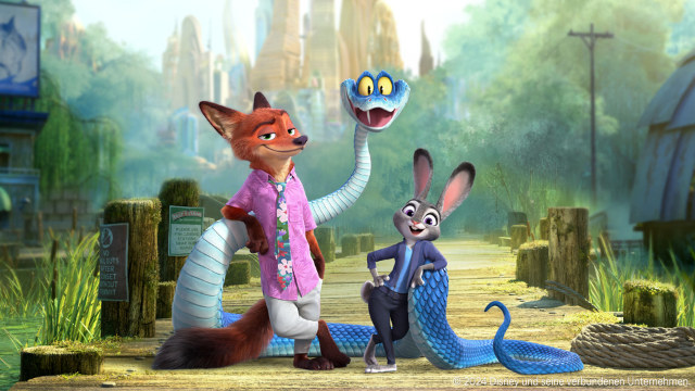 Zoomania Teaser Charaktere aus dem Film Zoomania stehen gemeinsam auf einem Steg mit Stadt im Hintergrund.