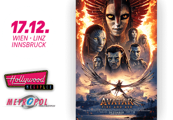 17.12. in Wien, Linz und Innsbruch, Hollywoold Megaplex und Metropol, Avatar Fire and Ash Filmplakat - Dezember im Kino