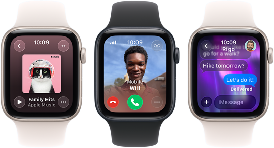 Apple Watch SE 3 5G Drei Apple Watch Geräte nebeneinander, eines zeigt die Apple Music App, eines einen eingehenden Telefonanruf und eines eine iMessage Konversation