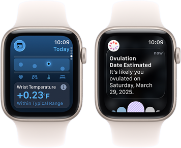 Apple Watch SE 3 Health Zwei Apple Watch SE 3 Geräte mit Aluminiumgehäusen in Polarstern zeigen die Vitalzeichen App