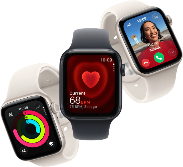 Apple Watch SE 3 Hero Drei Apple Watch SE 3 Geräte, die nebeneinander schweben