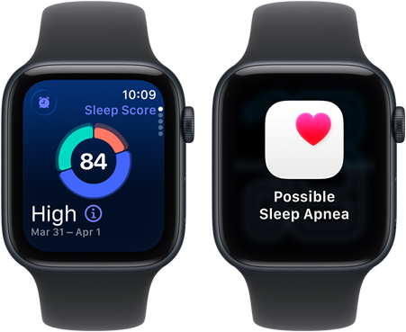 Apple Watch SE 3 Schlaf Zwei Apple Watch SE 3 Geräte mit Aluminiumgehäusen in Mitternacht zeigen den Schlafindex und eine Mitteilung zu möglicher Schlafapnoe