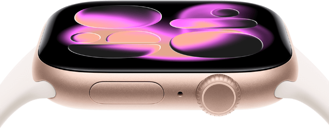 Display Apple Watch Series 11, Aluminiumgehäuse Roségold, Flow Zifferblatt, rechte Seitenansicht: Digital Crown, Mikrofon, Seitentaste, Sportarmband Blassrosa