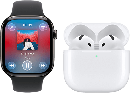 Watch und Airpods Apple Watch Series 11, Titangehäuse Schiefer, Armband: Sportarmband Schwarz, Apple Music App geöffnet, gekoppelt mit AirPods 4