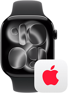 Apple Care Apple Watch Series 11, Aluminiumgehäuse Diamantschwarz, rechte Seitenansicht: Digital Crown, Sportarmband Schwarz, AppleCare+ Logo
