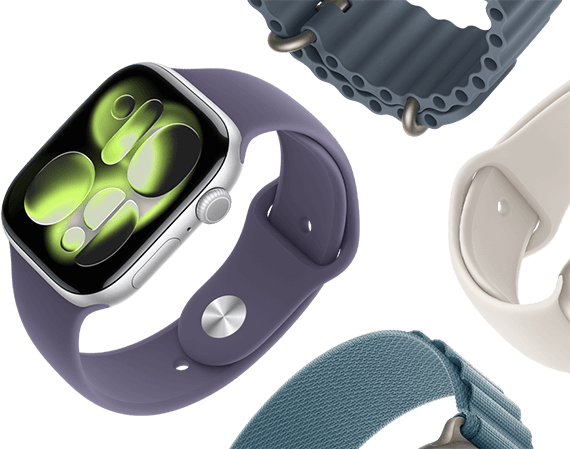 Styles Apple Watch Series 11 Armbänder: Sportarmband in Nebelviolett, Ocean Armband in Maritimblau, Sportarmband in Polarstern, Alpine Loop in Hellblau