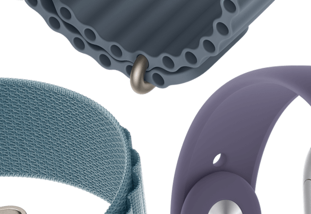 Styles Apple Watch Series 11 Armbänder: Sportarmband in Nebelviolett, Ocean Armband in Maritimblau, Sportarmband in Polarstern, Alpine Loop in Hellblau